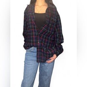 REI navy blue plaid flannel shirt.